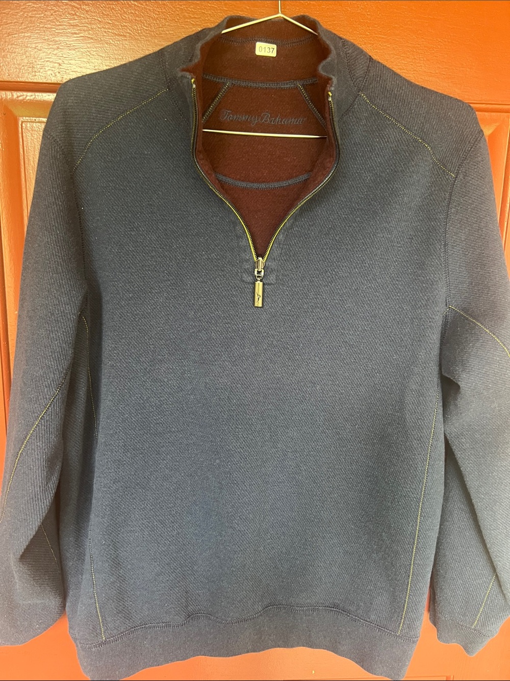 Tommy Bahama Navy Half-Zip Sweater with Burgundy Inner Collar